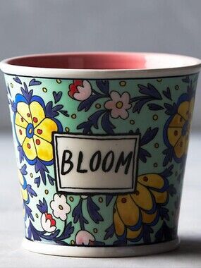 Bloom Floral Ceramic Planter with Pink Glaze Interior